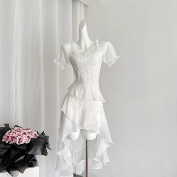 Niulatu High Low Square Neckline White Lace Ruffles Dress Beach Holiday Dresses SD286